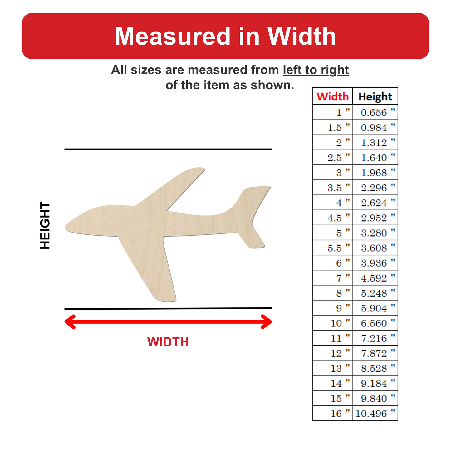 The image is a detailed diagram that provides measurements for various sizes of an airplane, ranging from 1 to 16 feet. The diagram includes a labeled diagram of an airplane and a table with corresponding measurements.