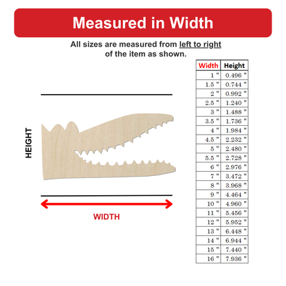 The image is a wood carving of a crocodile's head, with a table of measurements next to it. The table provides the widths of the crocodile's head in inches, ranging from 1.5 to 16 inches.