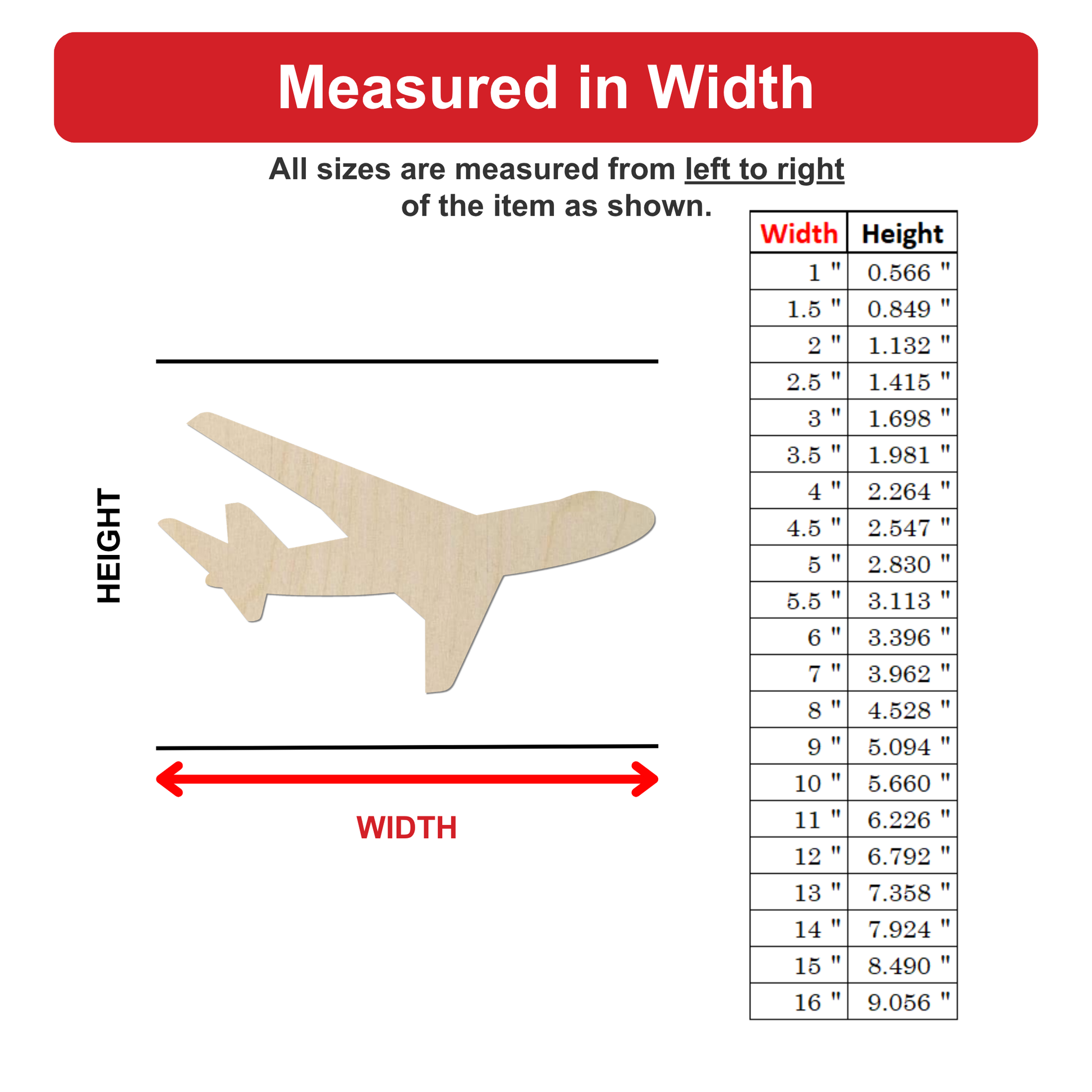 The image is a wooden airplane model with a table of measurements for different sizes.