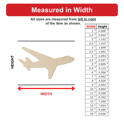 The image is a wooden airplane model with a table of measurements for different sizes.