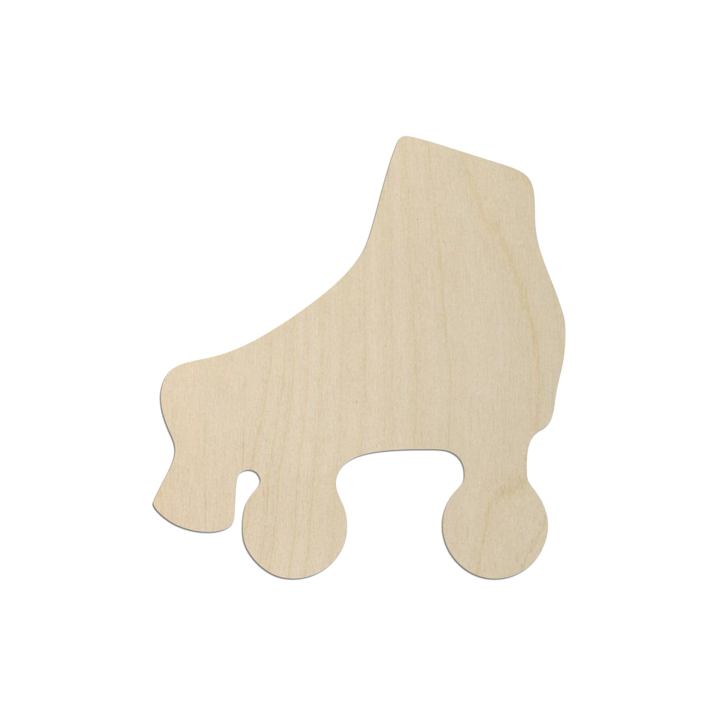 A simple wooden roller skate or skateboard shape is shown against a white background.