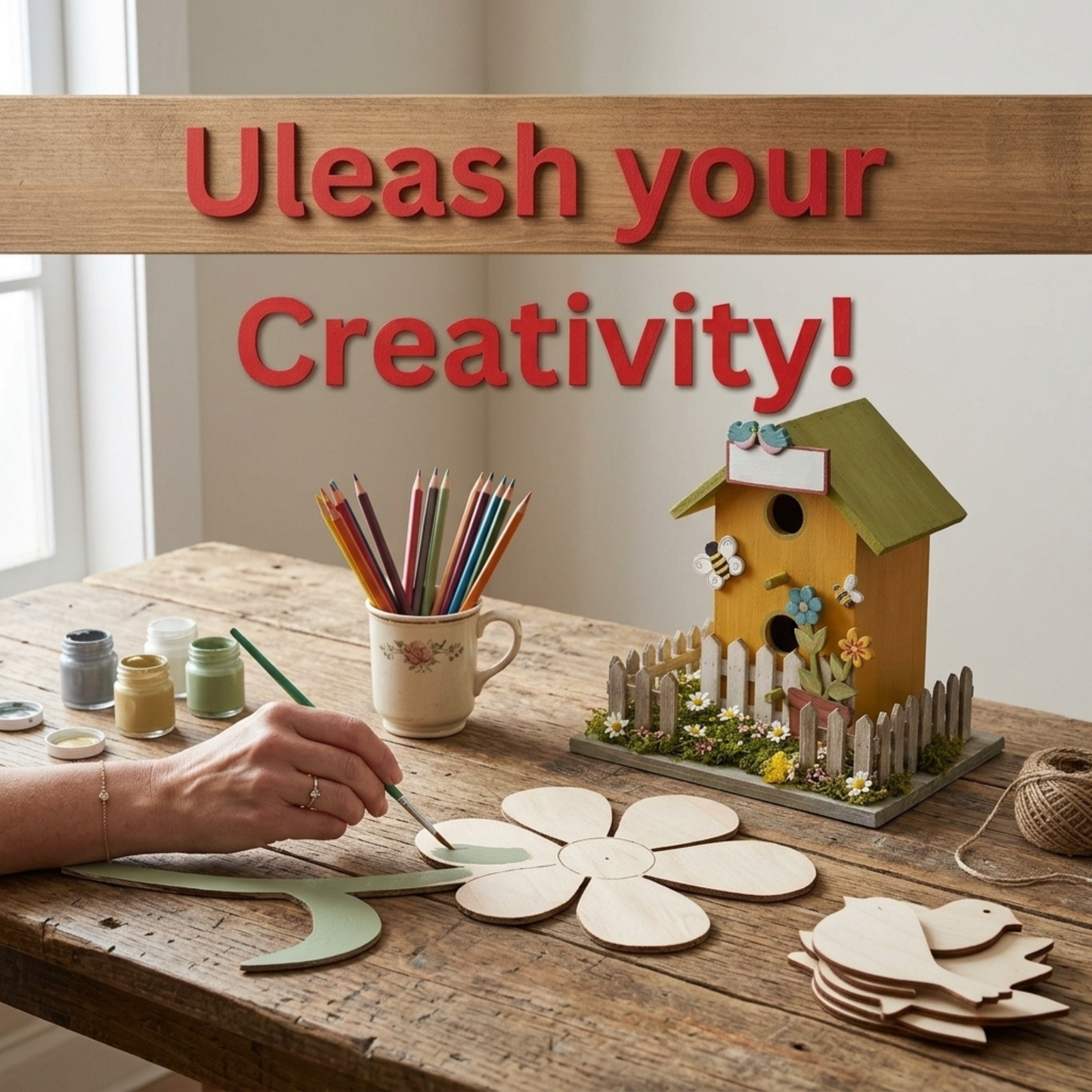 A hand is painting a wooden flower on a table, surrounded by art supplies and a birdhouse, with the text "Uleash your creativity!" displayed above.