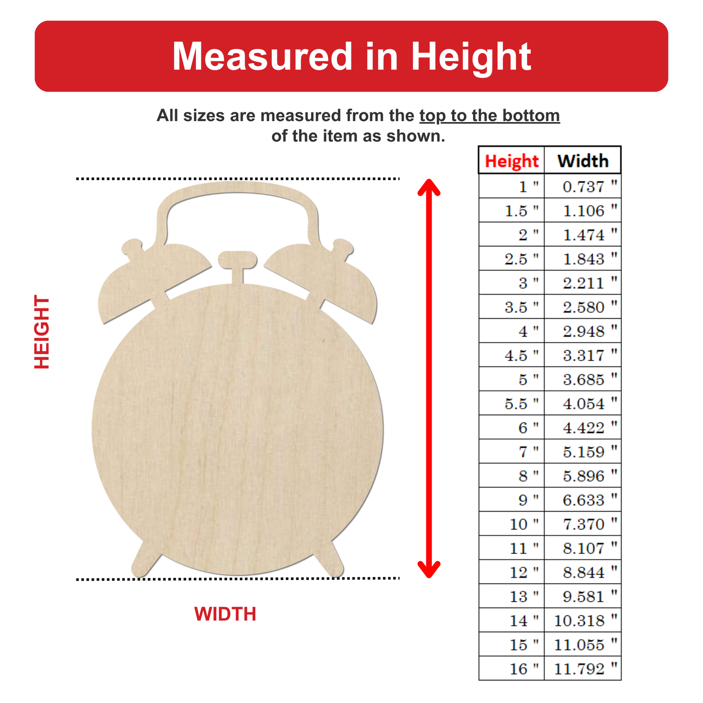 The image is a diagram that shows the dimensions of an object, likely a clock, with a table below it. The table provides the height and width measurements for different sizes of the object.