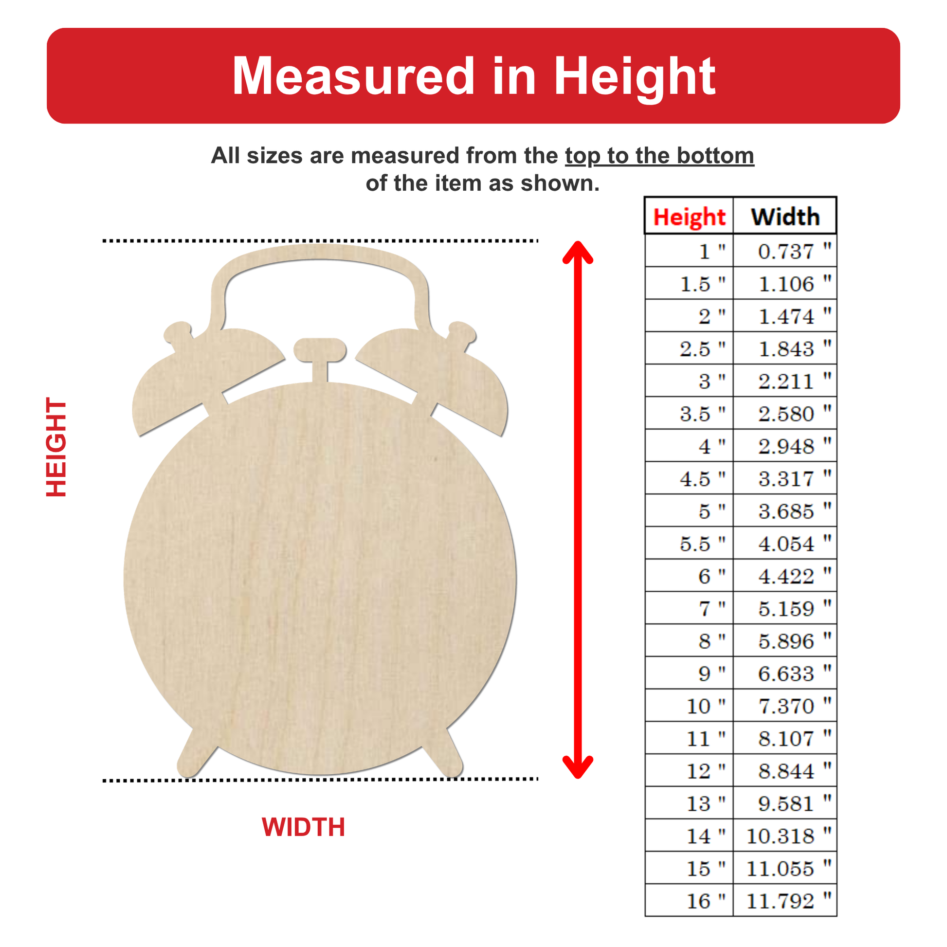 The image is a diagram that shows the dimensions of an object, likely a clock, with a table below it. The table provides the height and width measurements for different sizes of the object.