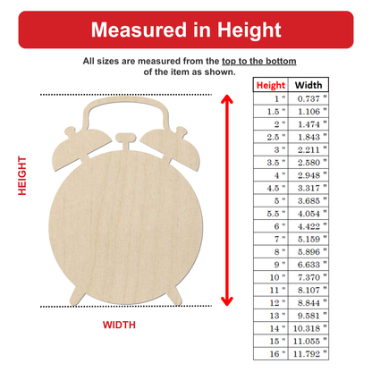 The image is a diagram that shows the dimensions of an object, likely a clock, with a table below it. The table provides the height and width measurements for different sizes of the object.