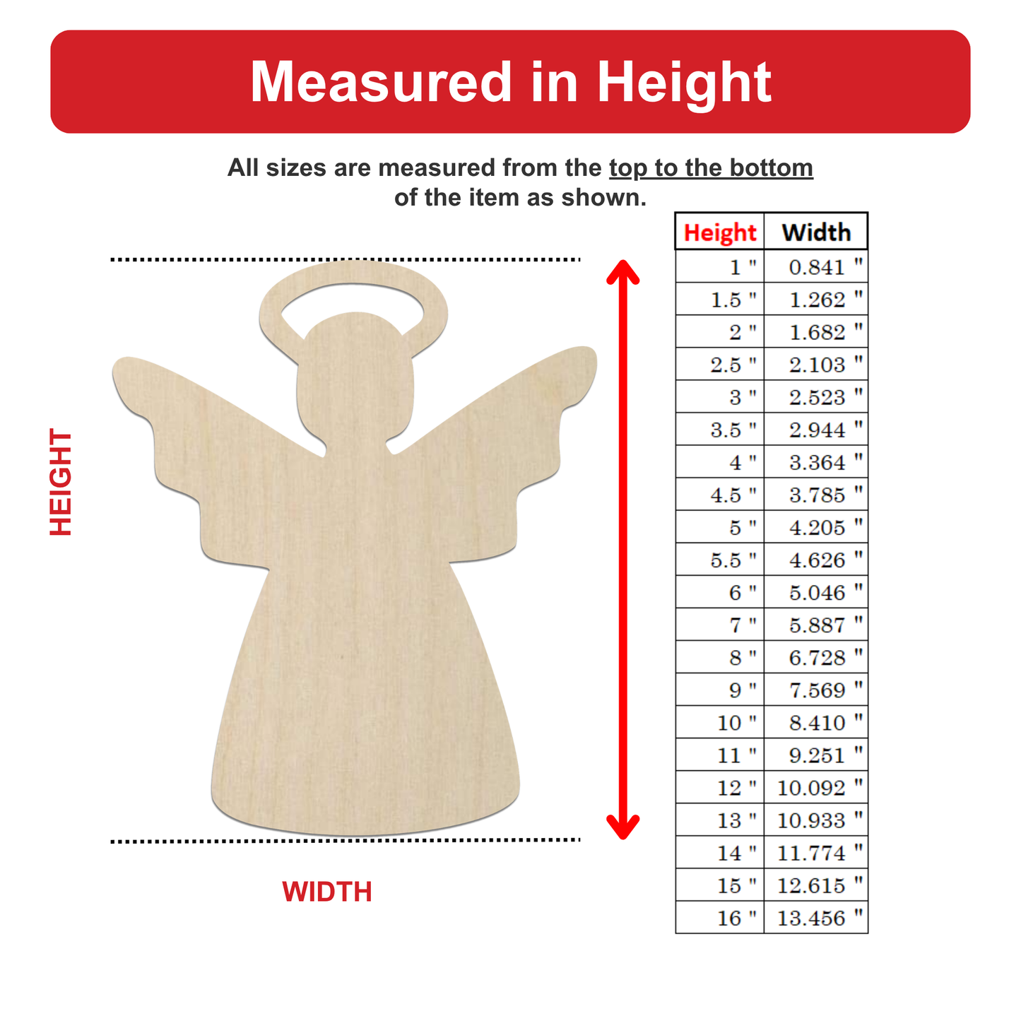 The image is a detailed diagram that provides measurements for a wooden angel figure. It includes a labeled diagram of the angel figure and a table with height and width measurements. The image is not a collage of multiple images, and it does not include any descriptive phrases. The focus is on providing accurate measurements for the wooden angel figure.