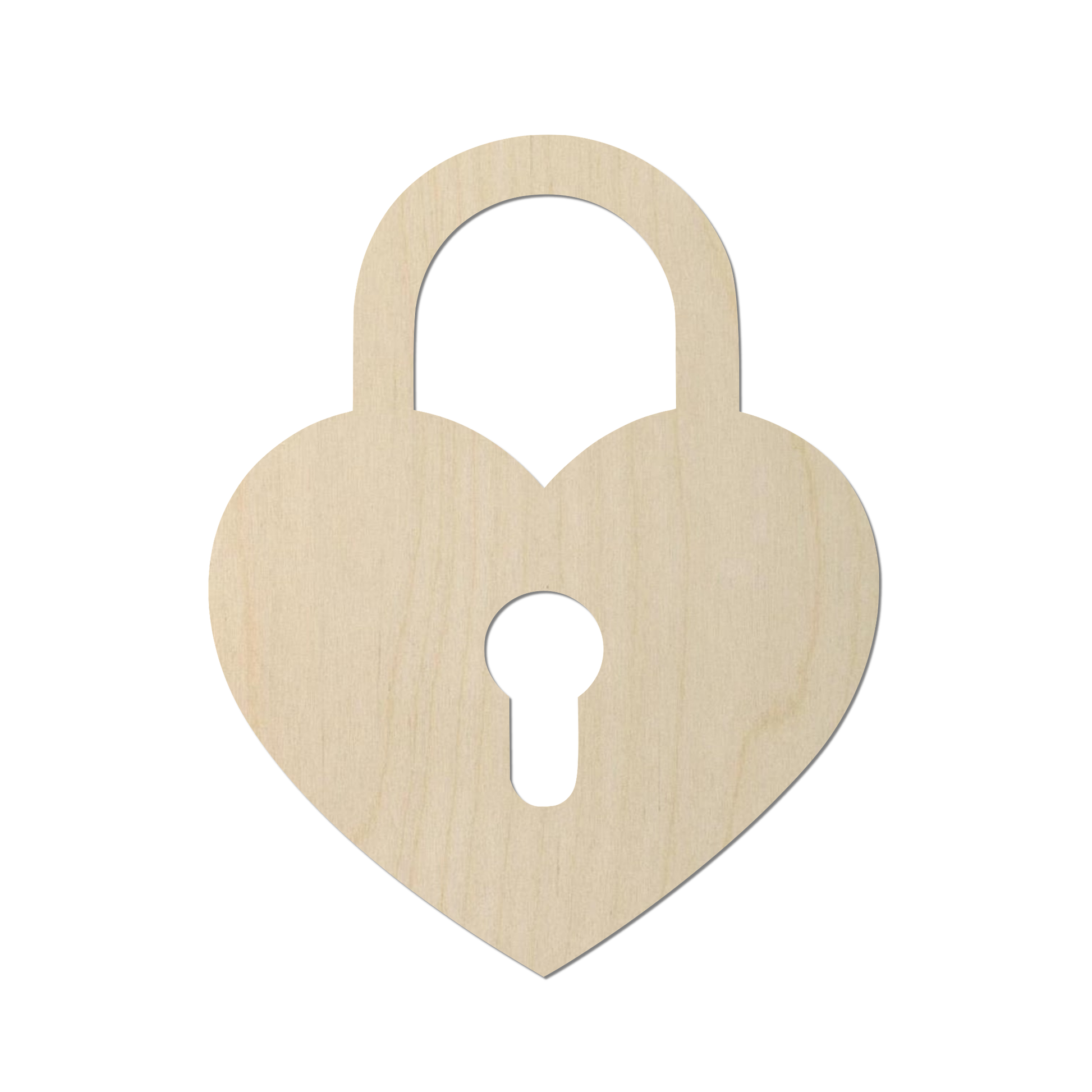 A wooden heart-shaped lock with a keyhole in the center.