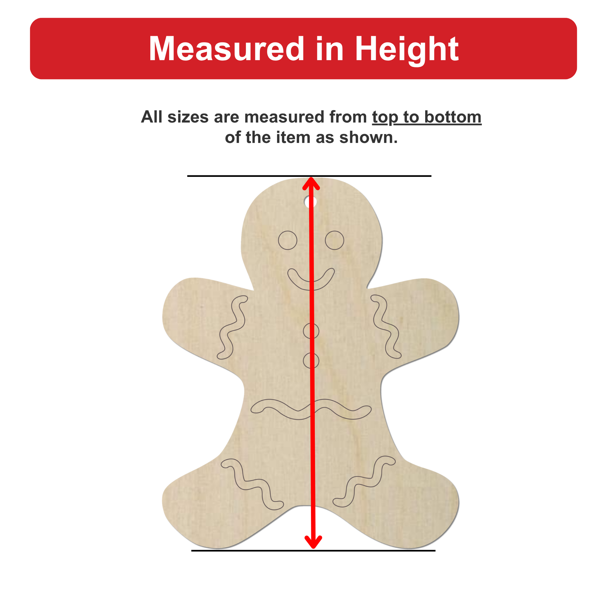 a wooden gingerbread man figure, which is being measured in height.