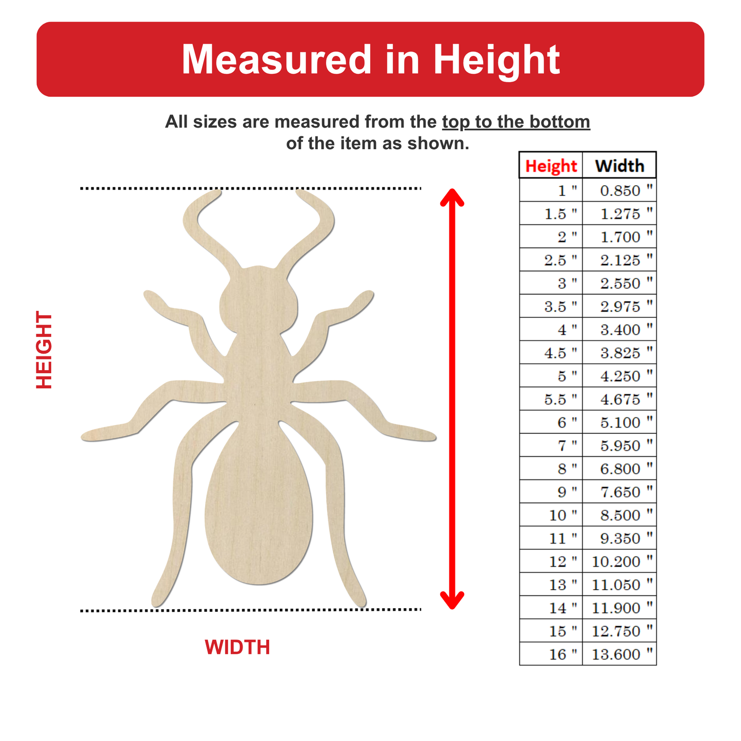 The image is a wooden insect, likely a wood-cutter ant, with a height and width scale provided. The scale includes various heights ranging from 0.5" to 1.5" and corresponding widths ranging from 0.5" to 1.5" for the insect.