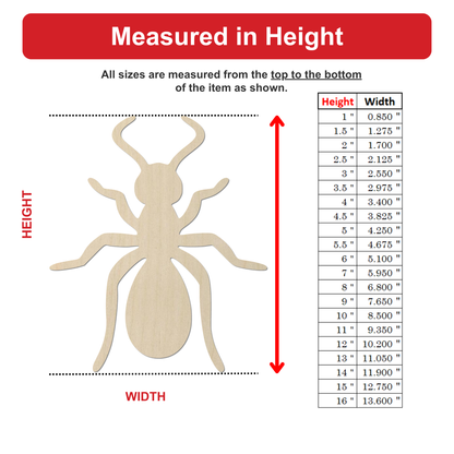 The image is a wooden insect, likely a wood-cutter ant, with a height and width scale provided. The scale includes various heights ranging from 0.5" to 1.5" and corresponding widths ranging from 0.5" to 1.5" for the insect.