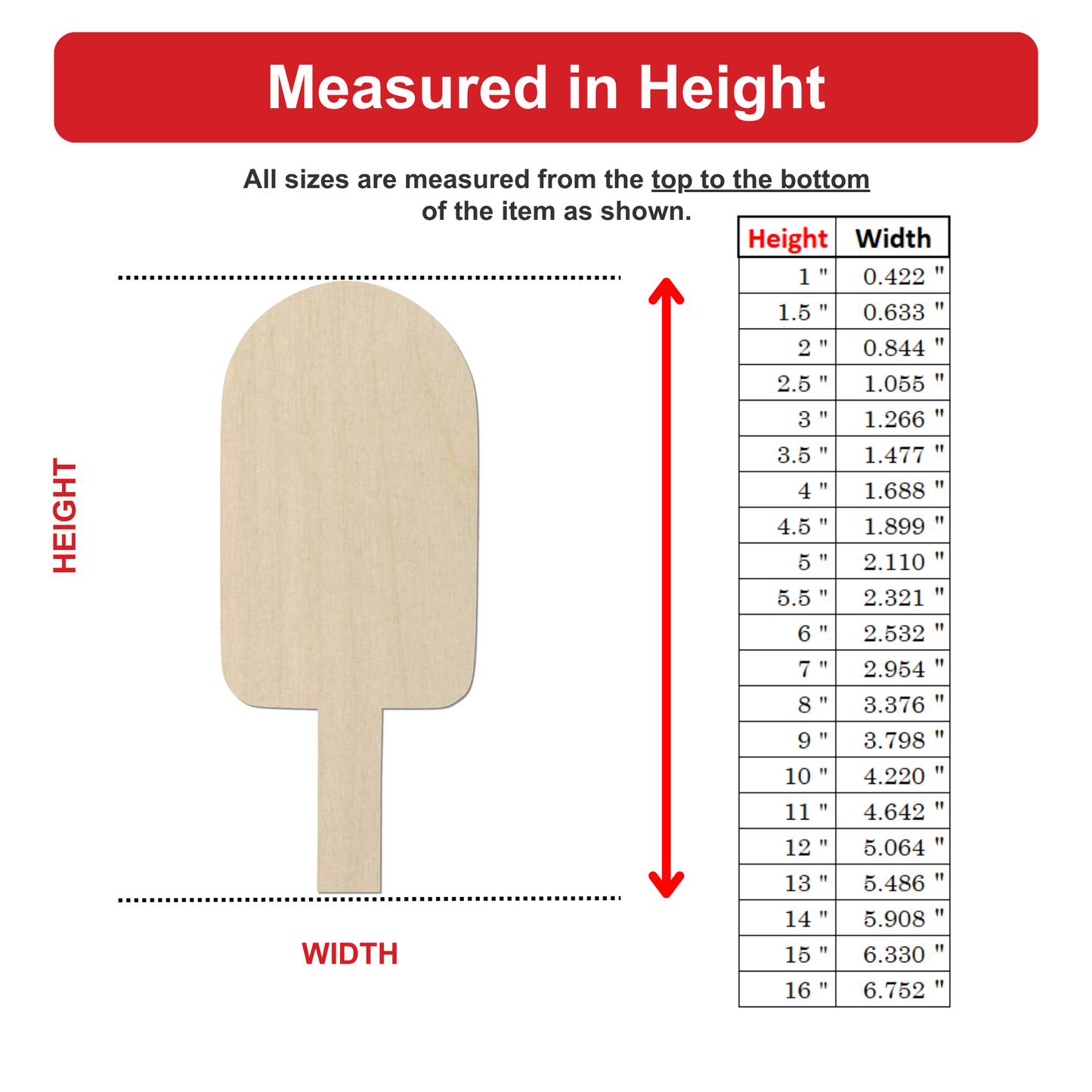 The image is a diagram that shows the relationship between height and width of an item, with a vertical red arrow pointing from the top to the bottom of the item. The diagram provides a visual representation of how the height and width of an item are measured, with the height being measured from the top and the width being measured from the bottom.