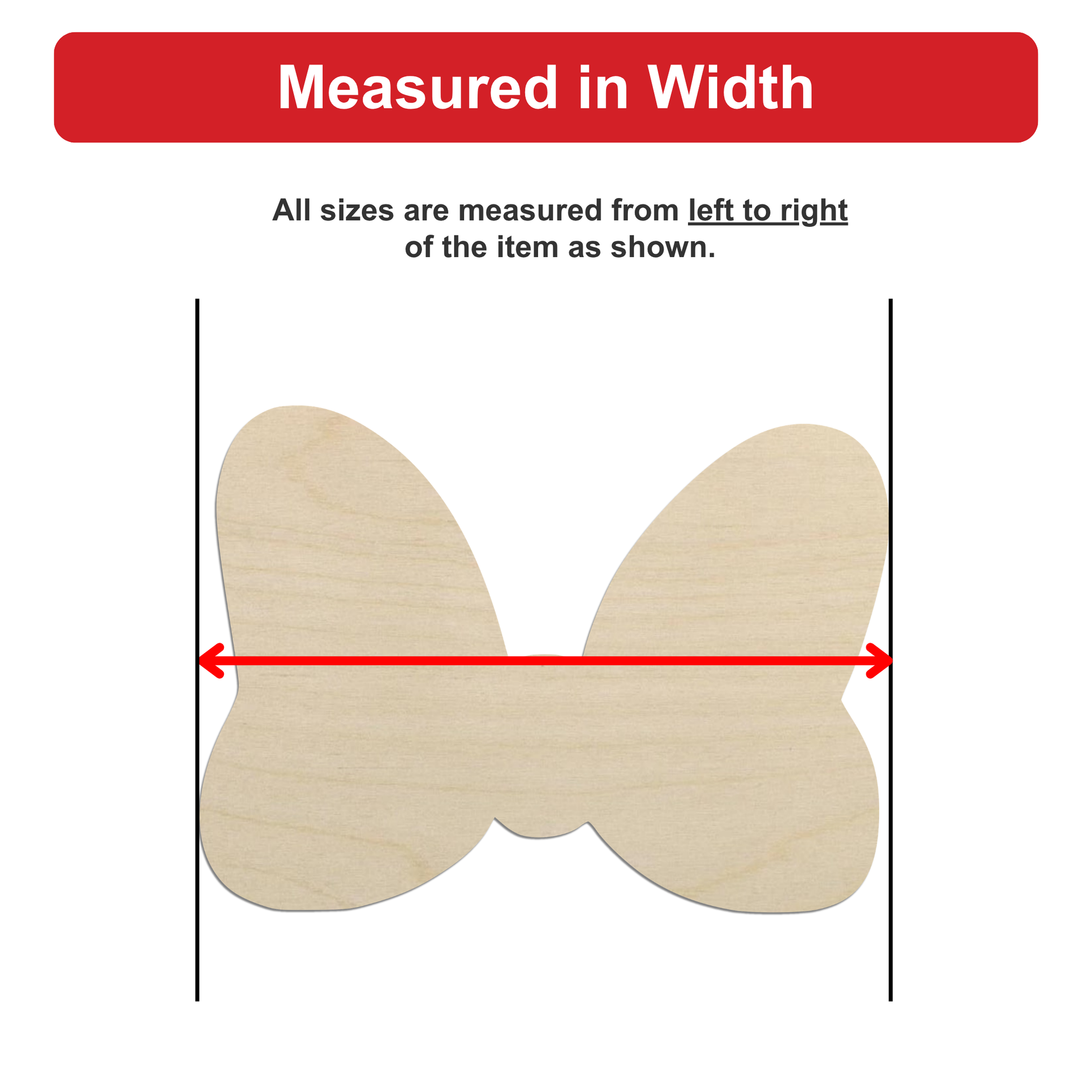 a wooden butterfly with a red line drawn between its left and right sides, indicating that all sizes are measured from left to right of the item as shown.