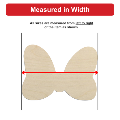 a wooden butterfly with a red line drawn between its left and right sides, indicating that all sizes are measured from left to right of the item as shown.