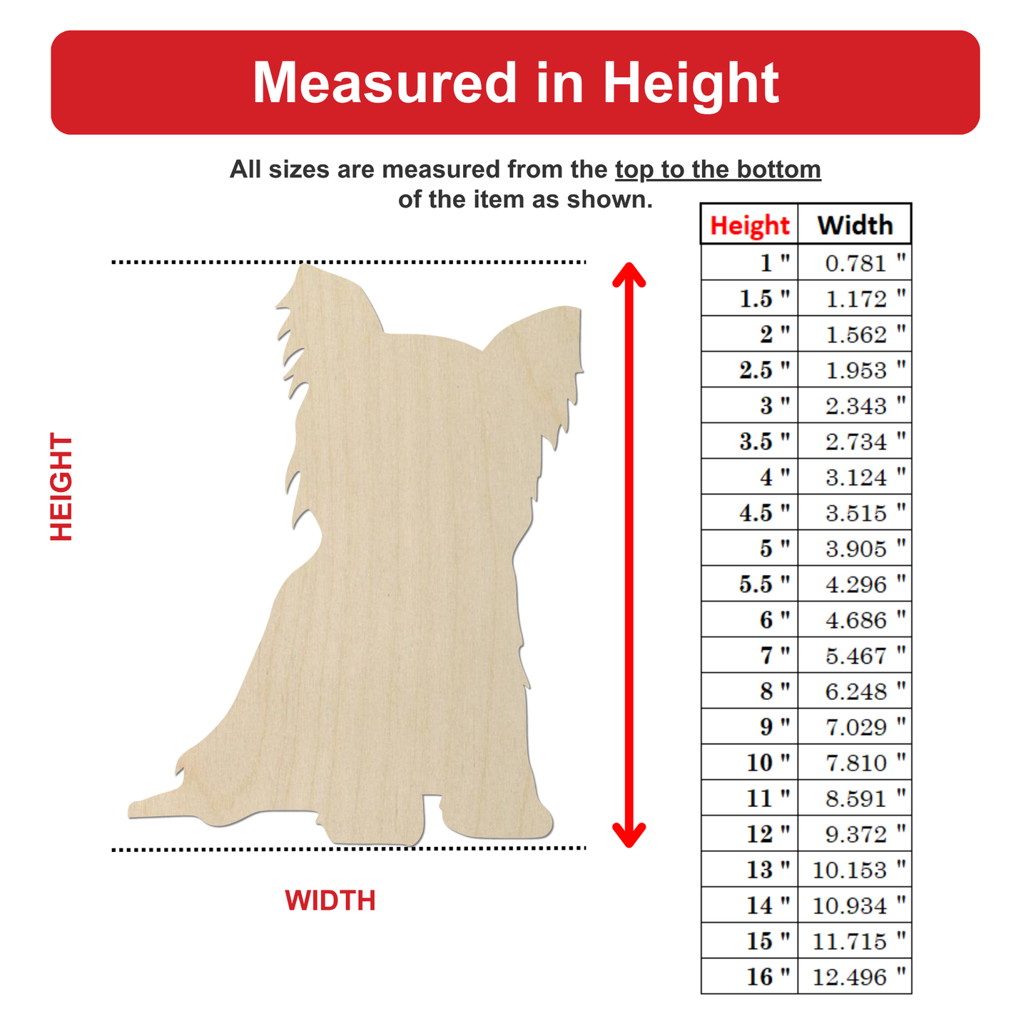 The image is a diagram that provides measurements for a wooden cutout of a dog, with a table below it. The diagram and table are designed to show the height and width of the cutout in inches.