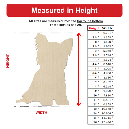 The image is a diagram that provides measurements for a wooden cutout of a dog, with a table below it. The diagram and table are designed to show the height and width of the cutout in inches.