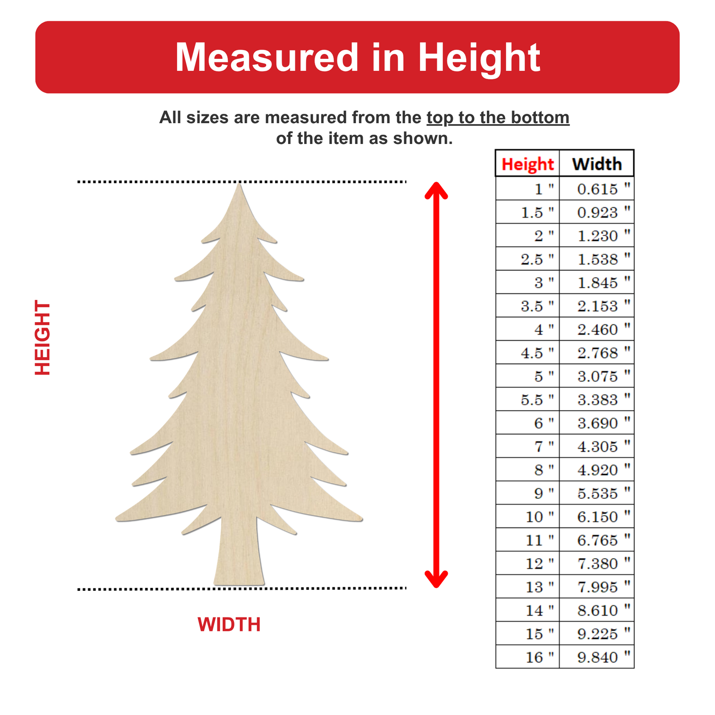 The image is a diagram that shows the height and width of a wooden tree, with the height measurements listed in inches and the width measurements listed in feet.