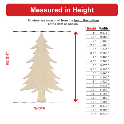 The image is a diagram that shows the height and width of a wooden tree, with the height measurements listed in inches and the width measurements listed in feet.