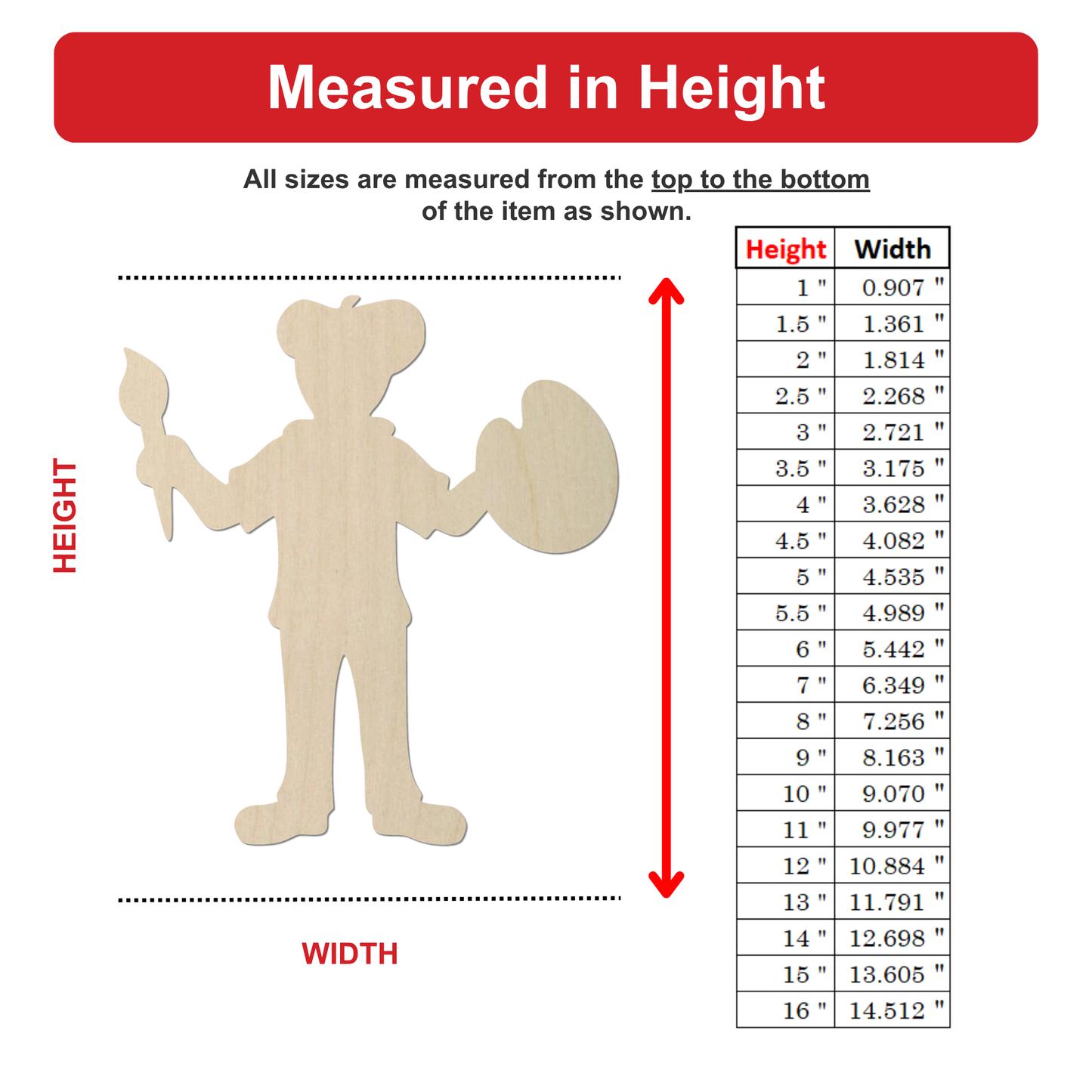 The image is a wood silhouette of a person holding a paintbrush, with measurements and a table below it.