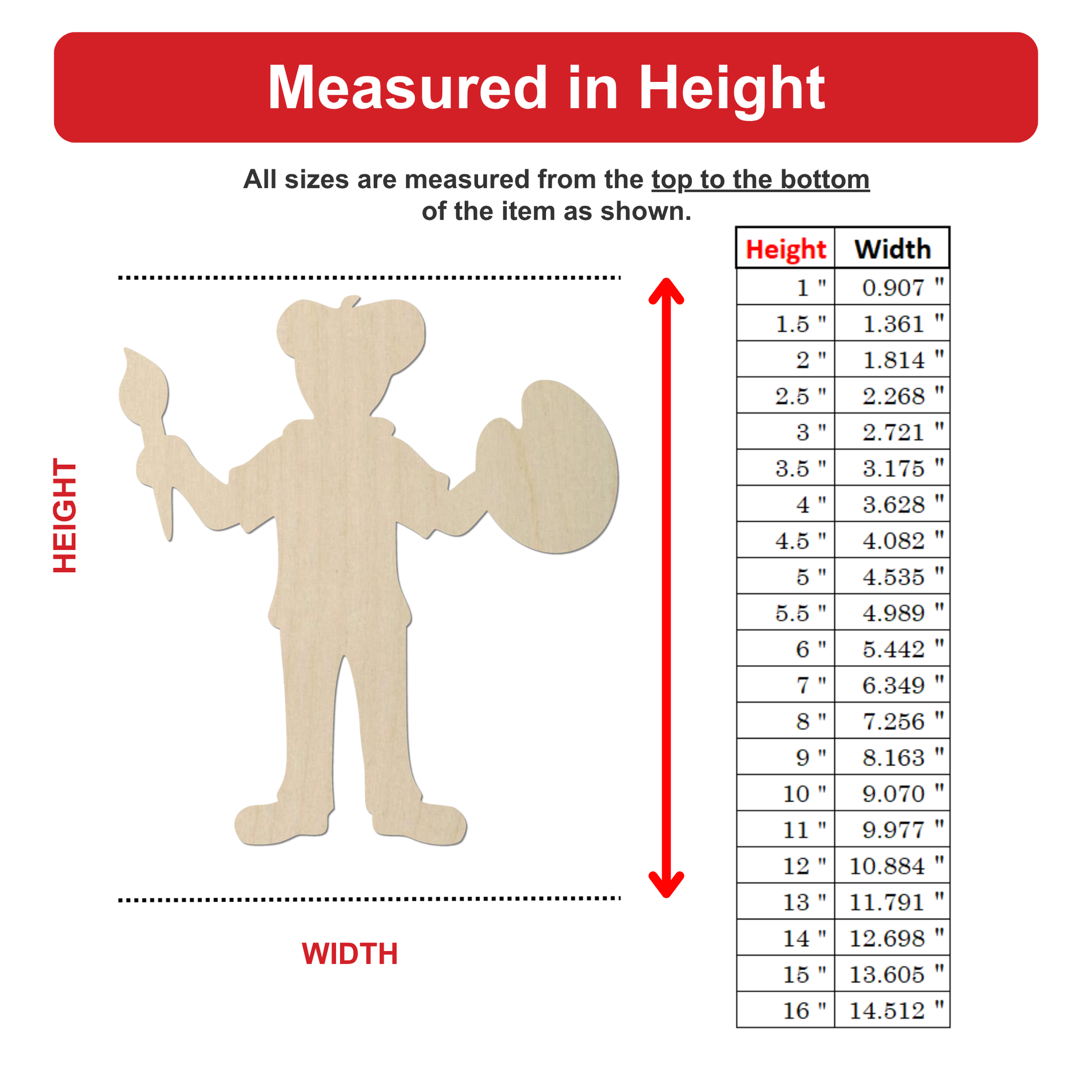 The image is a wood silhouette of a person holding a paintbrush, with measurements and a table below it.