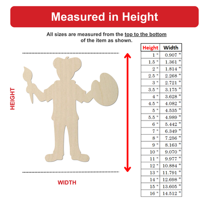 The image is a wood silhouette of a person holding a paintbrush, with measurements and a table below it.