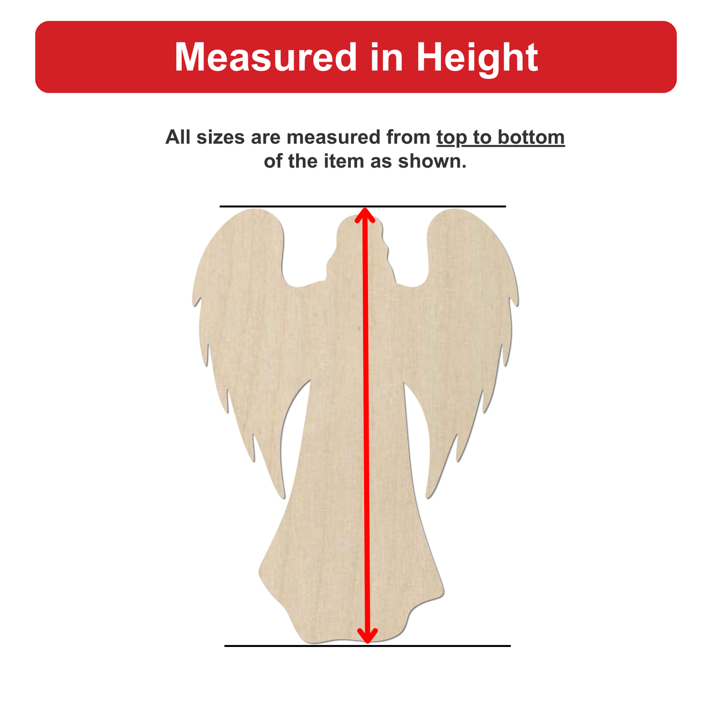 a wooden angel figure, with measurements provided in inches.