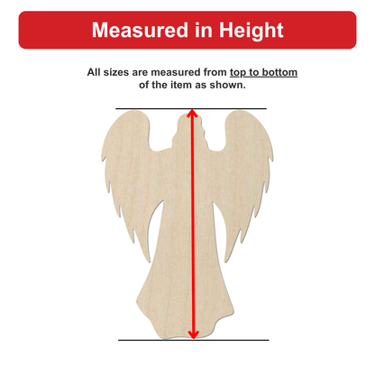 a wooden angel figure, with measurements provided in inches.