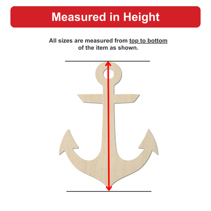 a wooden anchor with a red line extending from the top to the bottom of the anchor, indicating that all sizes are measured from top to bottom of the item shown.
