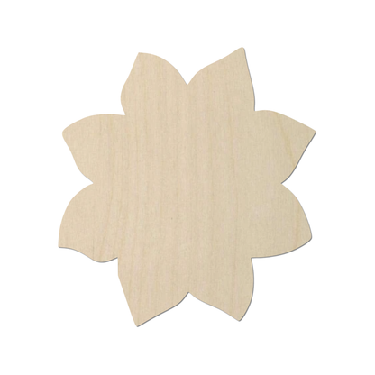 A simple, light-colored wooden flower shape is shown against a white background.