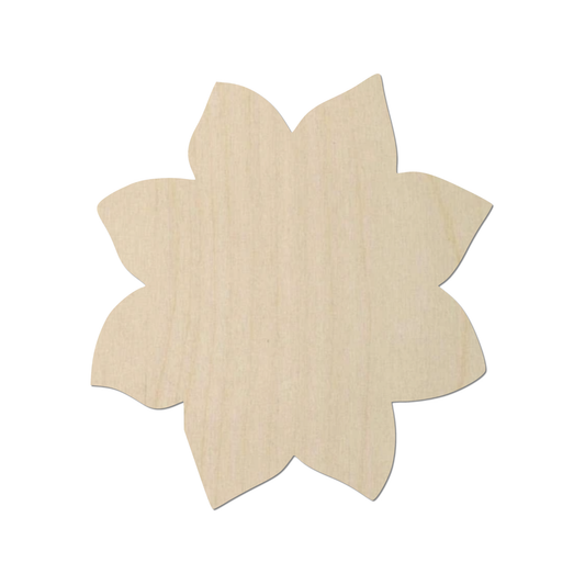 A simple, light-colored wooden flower shape is shown against a white background.