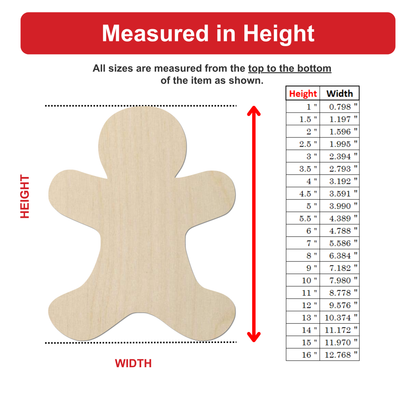 The image is a wooden figure, likely a gingerbread man, with measurements provided in inches. The figure is shown from the top to the bottom, and the width is measured from the top to the bottom of the item.