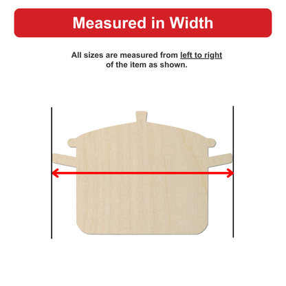 a wooden pot with measurements drawn on it, indicating that all sizes are measured from left to right of the item as shown.