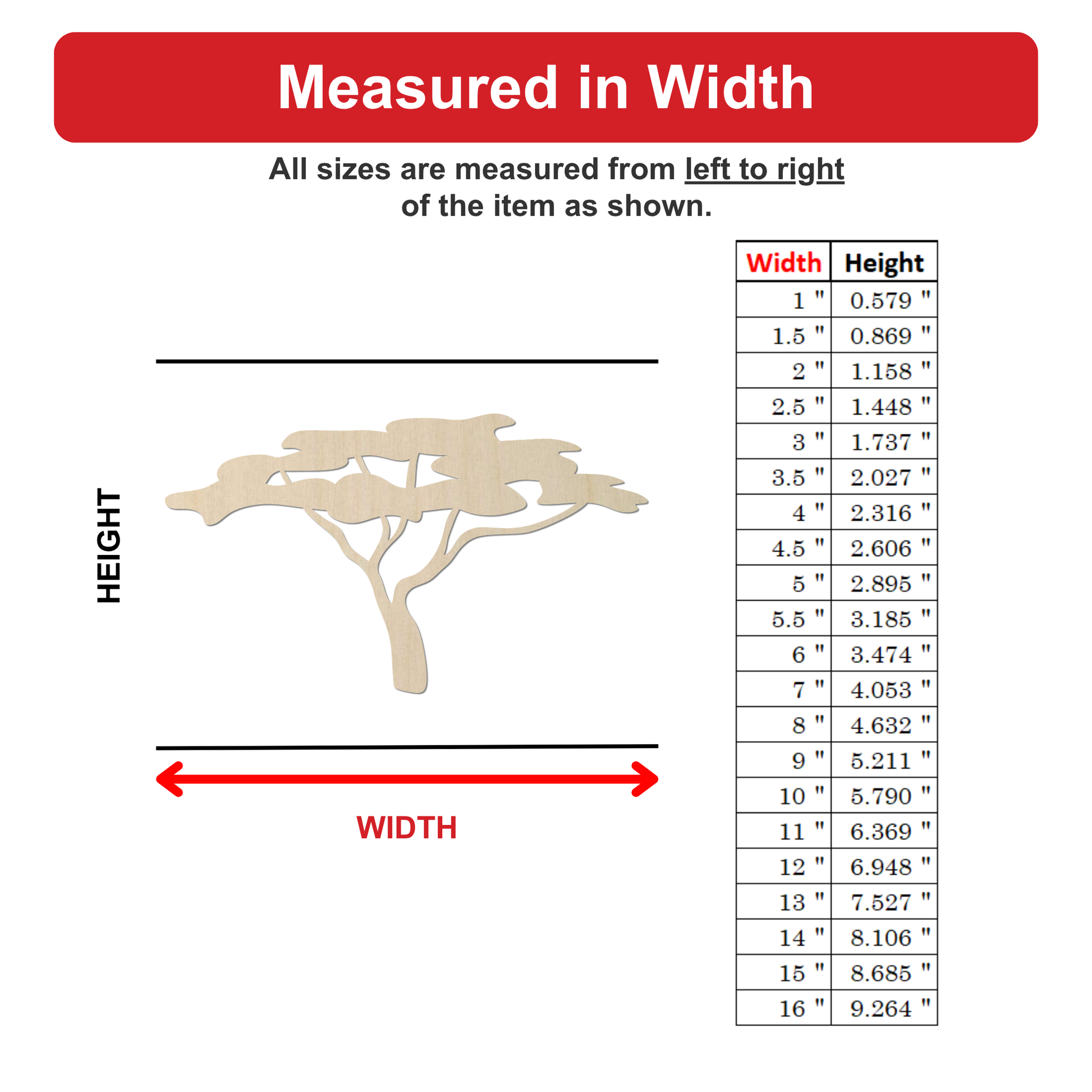The image is a diagram that shows the dimensions of a wooden tree in both height and width measurements. The tree is depicted as a stylized tree-like shape, and the image provides a visual representation of the tree's size and proportions.