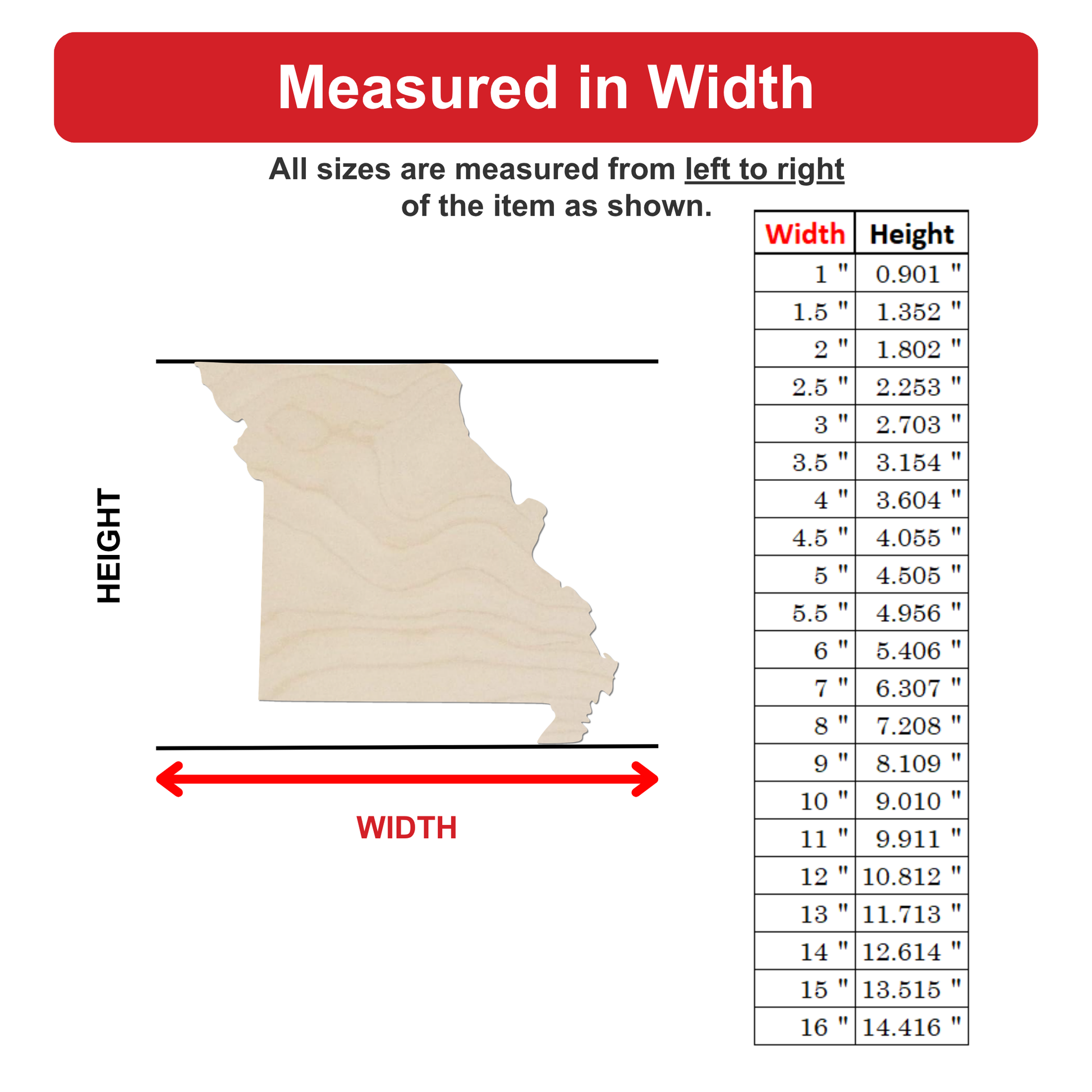 The image is a map of Missouri, with a table that provides the widths of various sizes of the state. The table lists the widths from 1 to 16 inches, with corresponding heights. The table is titled "Measured in Width" and includes a red arrow indicating the direction of measurement. The image does not contain any text that can be described in fewer than 500 characters.