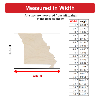 The image is a map of Missouri, with a table that provides the widths of various sizes of the state. The table lists the widths from 1 to 16 inches, with corresponding heights. The table is titled "Measured in Width" and includes a red arrow indicating the direction of measurement. The image does not contain any text that can be described in fewer than 500 characters.