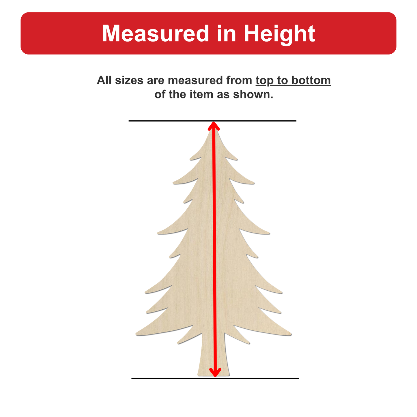 a wooden Christmas tree with a red line extending from the bottom of the tree to the top, indicating the height of the tree.