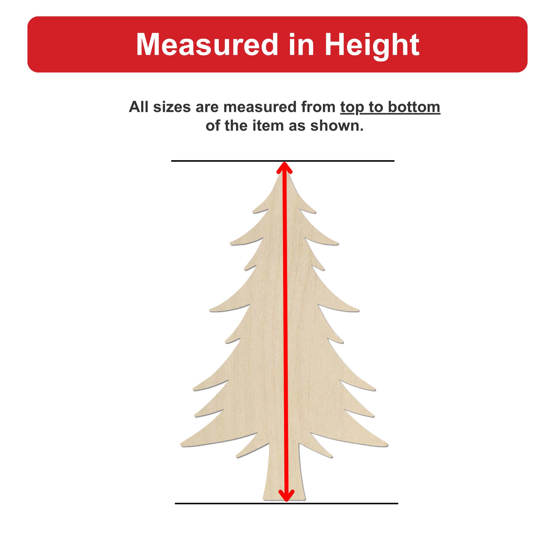 a wooden Christmas tree with a red line extending from the bottom of the tree to the top, indicating the height of the tree.