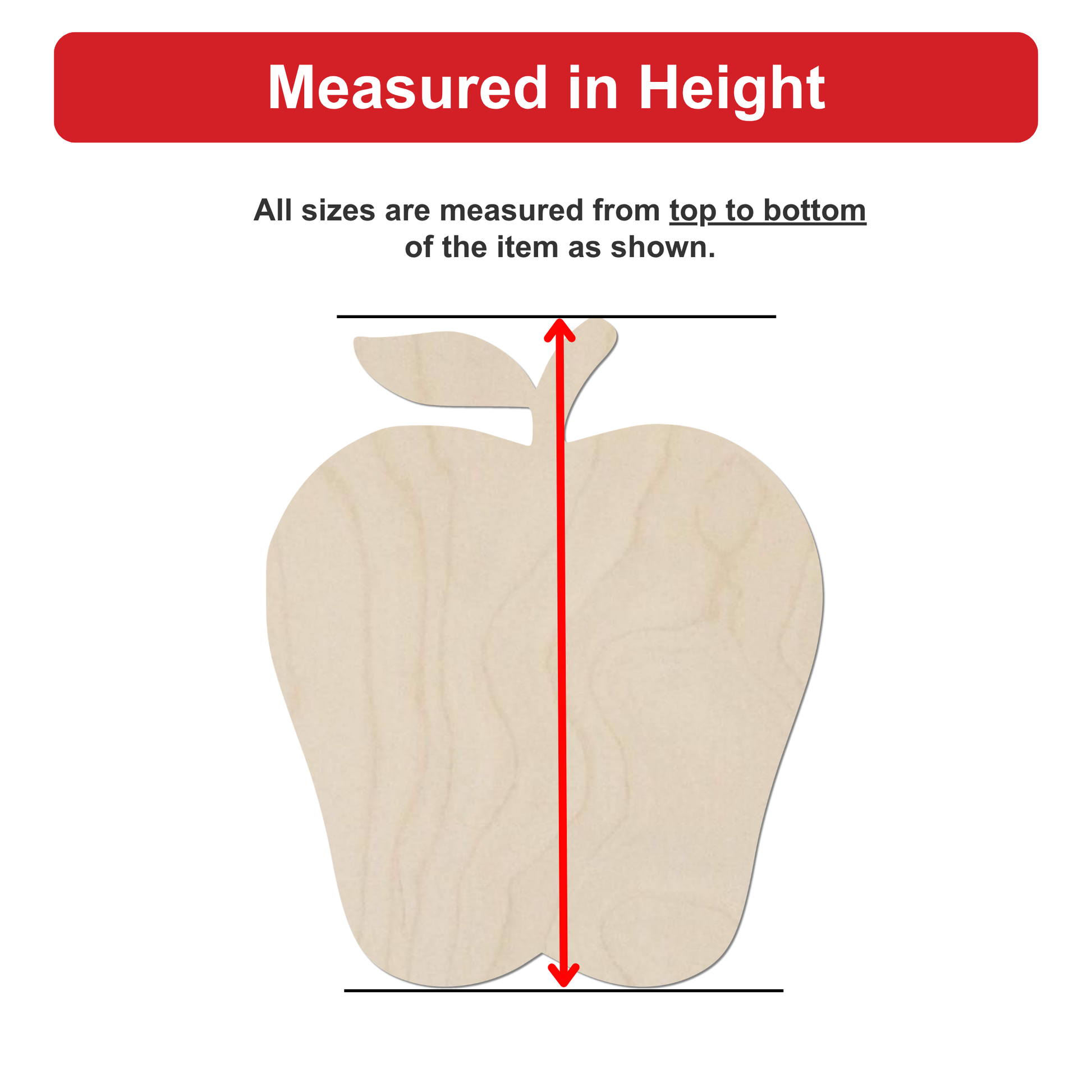 a wooden apple with a red line extending from the top to the bottom of the apple, indicating that all sizes are measured from top to bottom of the item shown.