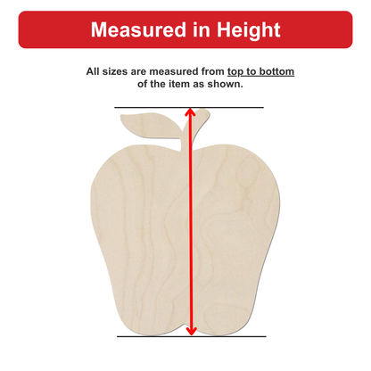 a wooden apple with a red line extending from the top to the bottom of the apple, indicating that all sizes are measured from top to bottom of the item shown.