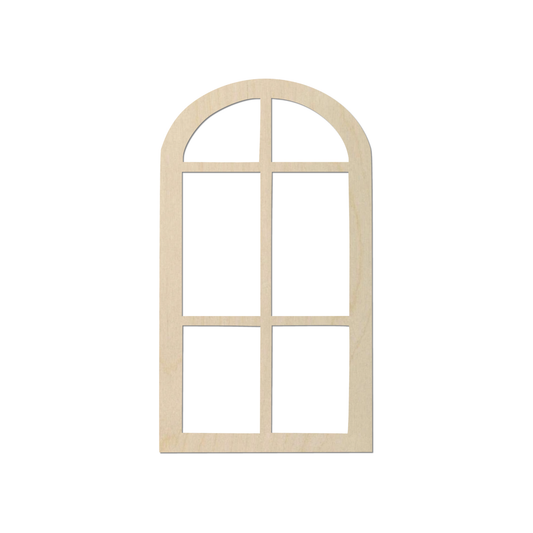 A wooden window frame with six evenly spaced vertical slats.
