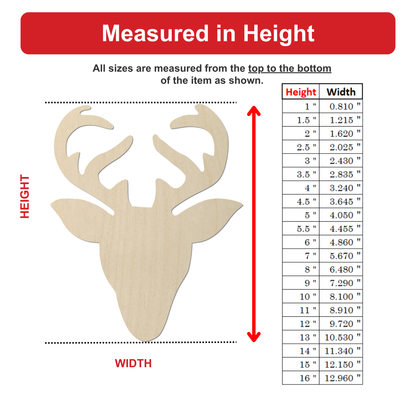 The image is a wood deer head with measurements provided in inches.