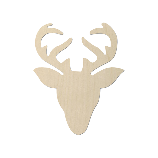 A simple wooden deer head silhouette is shown against a white background.