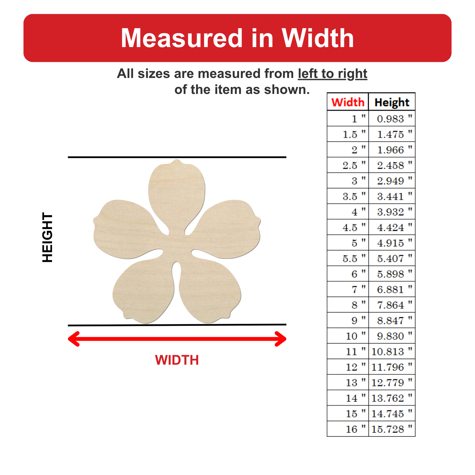 The image is a diagram that shows the measurements of a wooden flower-shaped object, with a table below it providing the corresponding widths and heights.
