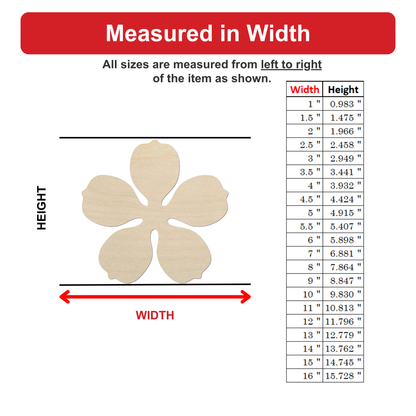 The image is a diagram that shows the measurements of a wooden flower-shaped object, with a table below it providing the corresponding widths and heights.