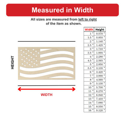 The image is a detailed guide or instructions for measuring the width of an item, specifically the American flag. It provides a table with the widths of the flag in inches and the corresponding heights in feet. The table lists the widths from left to right and the heights from top to bottom, allowing the user to easily determine the width of the item based on the provided measurements.