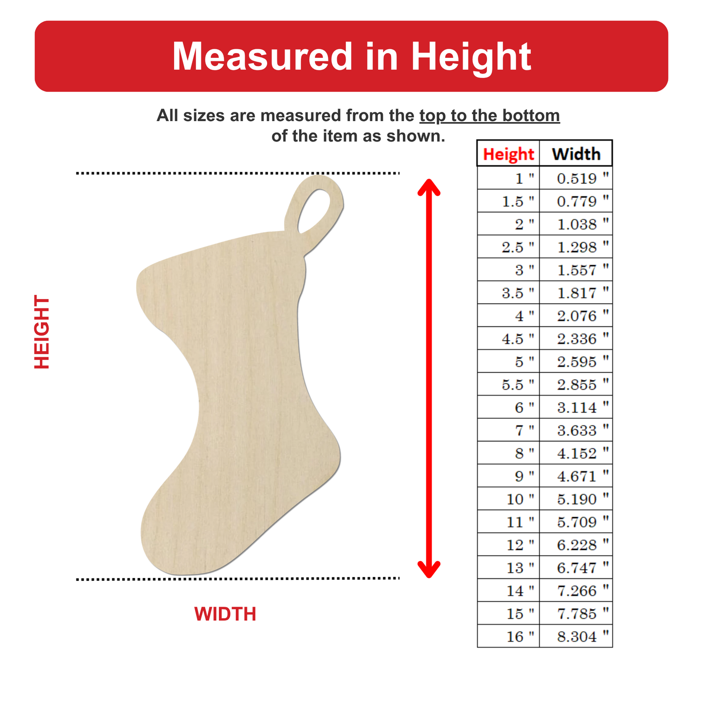 The image is a detailed diagram that shows the measurements of a wooden stocking, including its height and width. The diagram provides a visual representation of the item's dimensions, allowing for easy comparison and understanding of the measurements.