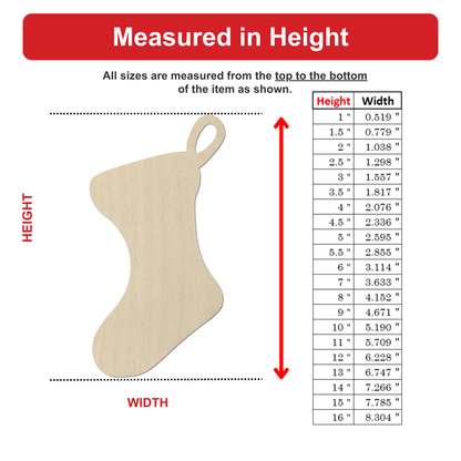 The image is a detailed diagram that shows the measurements of a wooden stocking, including its height and width. The diagram provides a visual representation of the item's dimensions, allowing for easy comparison and understanding of the measurements.