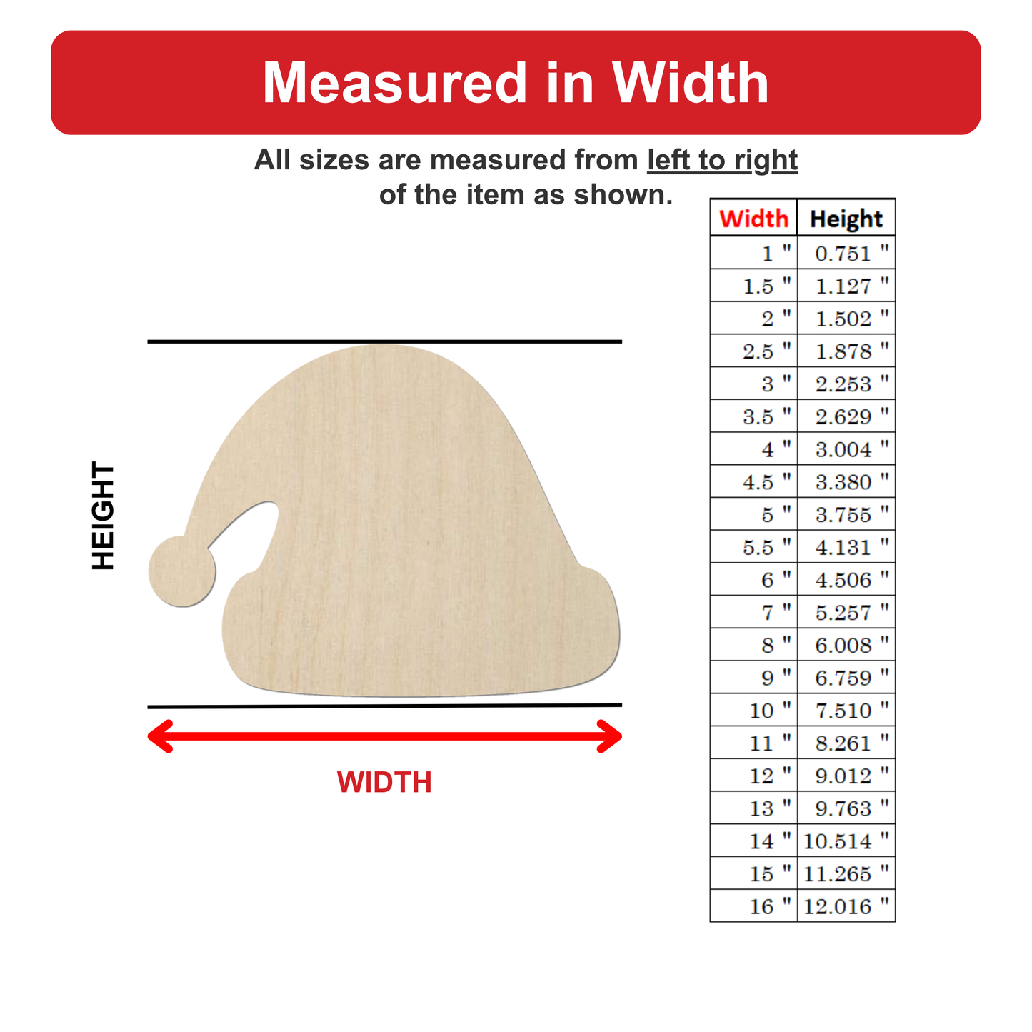 The image is a wood hat with measurements listed next to it, indicating the width of the hat in inches.
