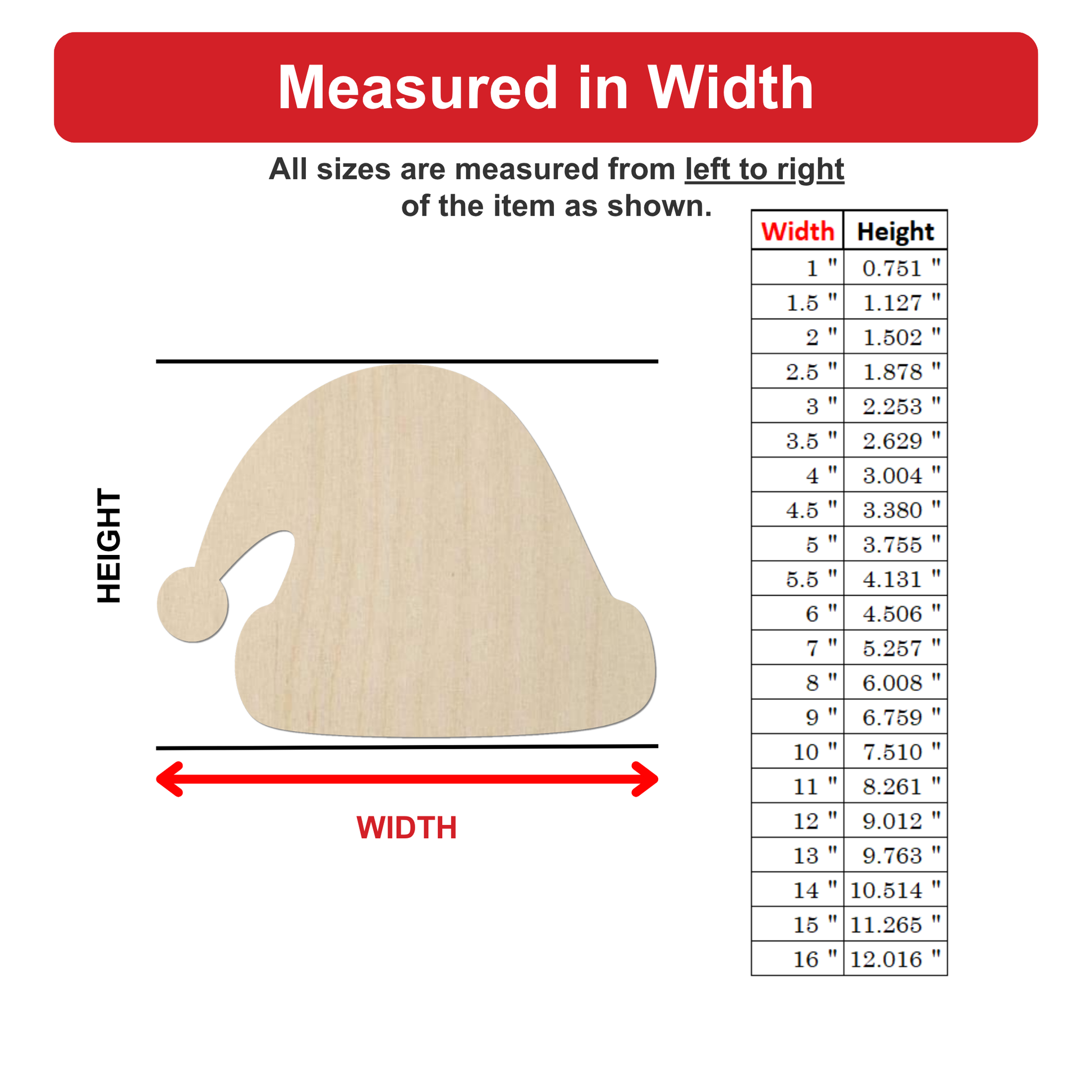 The image is a wood hat with measurements listed next to it, indicating the width of the hat in inches.