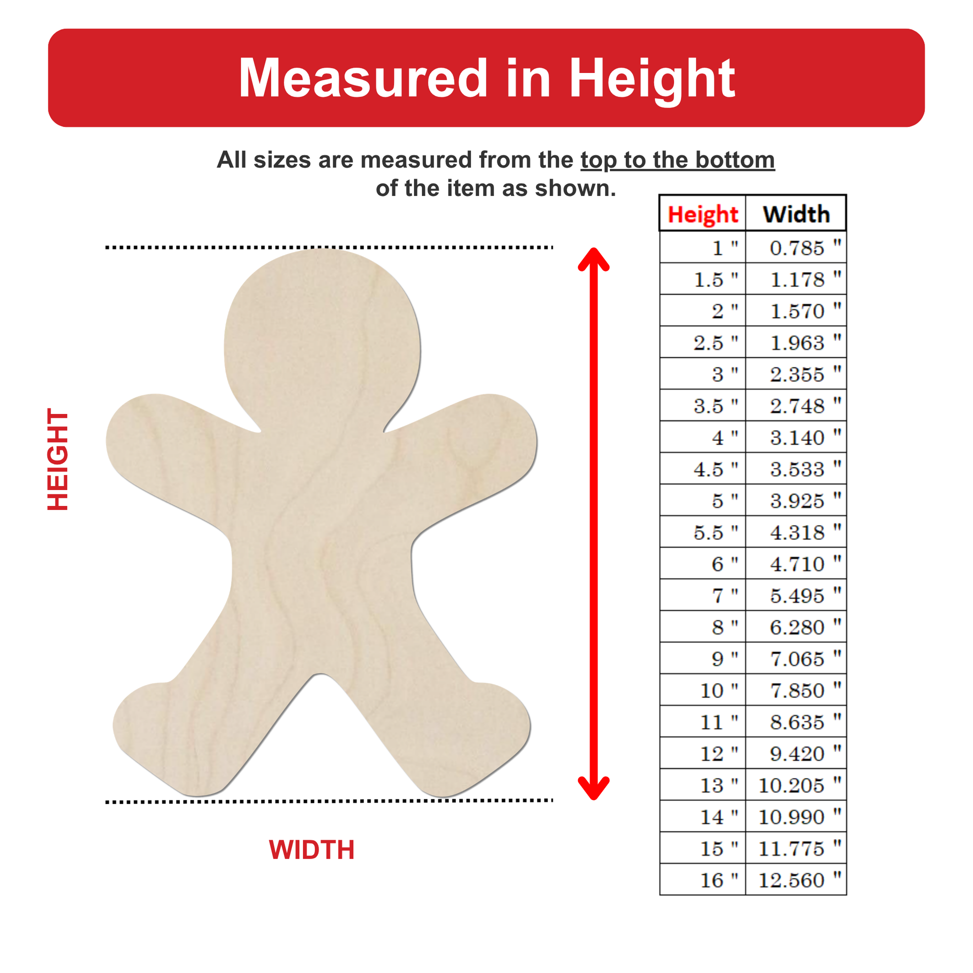 The image is a woodcut of a figure, likely a gingerbread man, with measurements provided for different heights and widths.