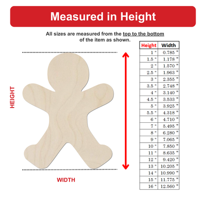 The image is a woodcut of a figure, likely a gingerbread man, with measurements provided for different heights and widths.